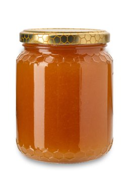 Cam kavanozda kremalı kestane balı, kristalize edilmiş bal orijinalliğini gösteriyor. Kırpma yolu dahil olmak üzere beyazda izole