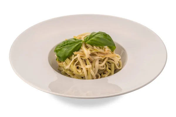 Linguini Pasta Two Types White Green Vegetables Basil Leaves Olive — Stock Photo, Image