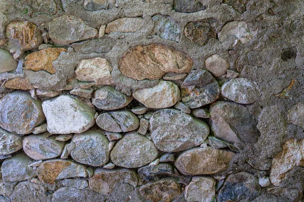 Texture Old Fence Wall Made Large River Stones Concrete — Stock Photo, Image