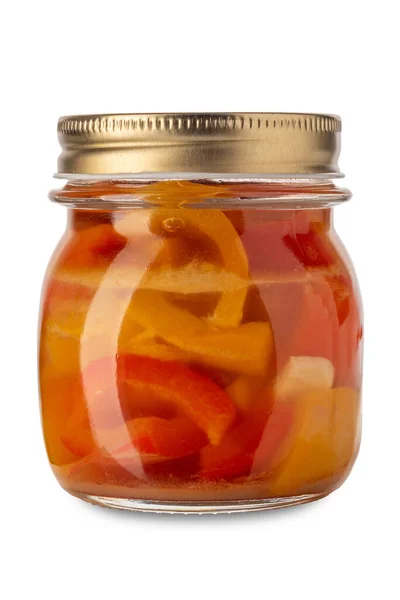 Gele Rode Paprika Gesneden Zoet Zuur Geconserveerd Glazen Pot Geïsoleerd — Stockfoto