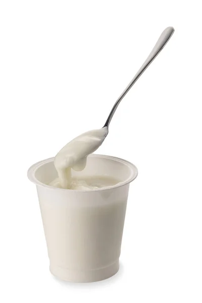 White Yoghurt Plastic Jar Teaspoon Taking Yoghurt Isolated White Clipping — Foto de Stock