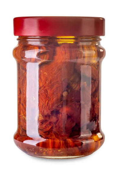 Gedroogde Tomaten Olie Siciliaanse Stijl Glazen Pot Geïsoleerd Wit Met — Stockfoto