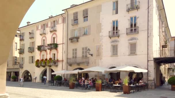 Cuneo Piémont Italie Août 2023 Bâtiments Anciens Décorés Avec Arcade — Video