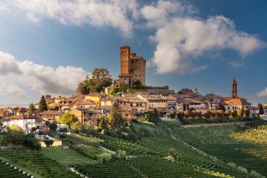 Serralunga d 'Alba, Langhe, Piedmont, İtalya - Vineyard Hill' de şatosu olan köy manzarası - tipik Barolo şarap bölgesi