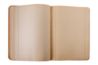 Sayfalar üzerinde satırlar bulunan antika açık defter zamana göre sarartılmış, beyaz üzerine izole edilmiş, kırpma yolu dahil, üst görünüm