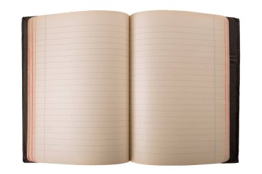 Sayfalar üzerinde satırlar bulunan antika açık defter zamana göre sarartılmış, beyaz üzerine izole edilmiş, kırpma yolu dahil, üst görünüm