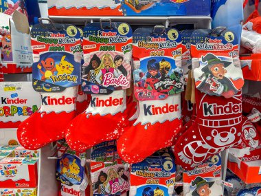 Italy - January 02, 2024: Ferrero Kinder Happy-calza (Happy stocking) displayed for sale in Italian supermarket for the Epiphany and Christmas holiday