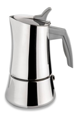 Modern stil paslanmaz çelik moka tenceresi beyaza izole edilmiş, kırpma yolu dahil.