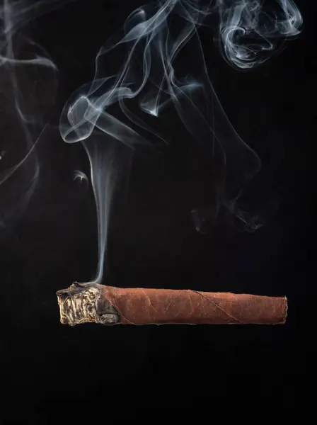 Cigar burning with smoke white on black  background - Toscano cigar   burning isolated on black