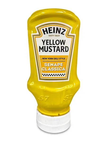 Italia Janeiro 2024 Molho Mostarda Amarelo Heinz Garrafa Plástico Espremer — Fotografia de Stock