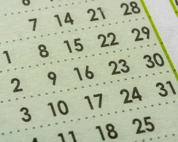 Month date numbers on planner. Close up of calendar page