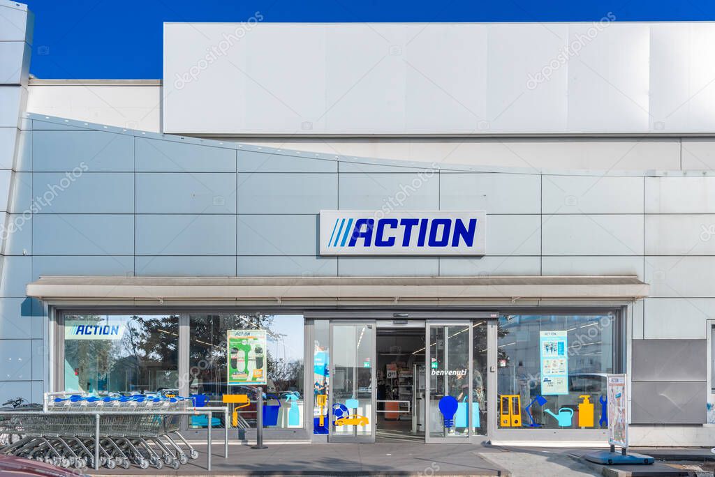 Savigliano, Italy - March 21, 2024: ACTION Store discount. Dutch chain of stores selling low-cost products. Action has more than 400 stores in Europe