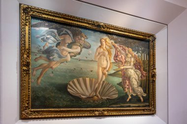 Floransa, İtalya-Nisan 04, 2024: Sandro Botticelli 'nin keten brandasında Venüs sıcaklığının doğuşu (1485) Floransa' daki Uffizi Galerisi 'nde sergilenmektedir.