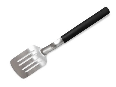 Spatula ızgara aracı, paslanmaz çelik ızgara küreği siyah saplı, beyaz üzerine izole edilmiş, kırpma yolu da dahil.