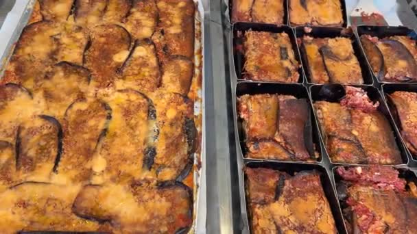 Freshly Baked Aubergine Parmigiana Slider Shots Baking Sheets Single Portion — Stock Video