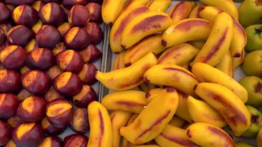 Badem ezmesiyle yapılan renkli martorana meyveli tatlılar tezgahlarda sergilenen tipik Sicilya tatlıları, sergilenen pasta tepsilerindeki oyuncak bebekler. 