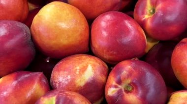 Nektarinler yukarıdan görünüyor, şeftali tezgahında sergilenen kayganlaştırıcı.