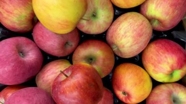 Fuji çeşitliliğindeki kırmızı elmalar, manav tezgahındaki izleme çekimlerinde üst görüntüde