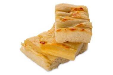 Focaccia with melted cheese on top, flatbread slices with cheese stacked and isolated on white with clipping path included clipart