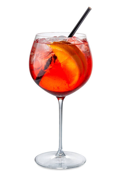 Alcoholic Campari spritz Cocktail in goblet glass Isolated on White with clipping path included