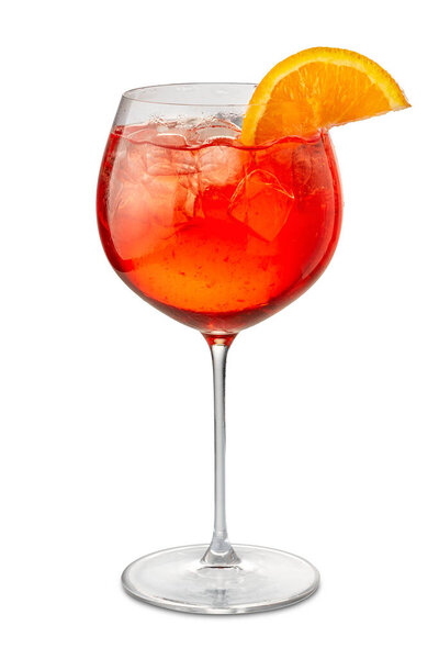 Alcoholic Aperol spritz cocktail in goblet glass with orange slice Isolated on White with clipping path included