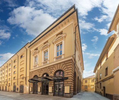 Asti, Italy - August 20, 2024: Vittorio Alfieri Municipal Theater view of the  exterior entrance of the building opened in 1860 clipart