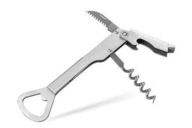 Şarap şişesi tirbuşonu ve paslanmaz çelik şişe açacağı beyaza izole edilmiş, kırpma yolu da dahil.  