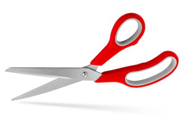 Kırmızı plastik saplı paslanmaz çelik makas beyaza izole edilmiş ve kırpma yolu da dahil.