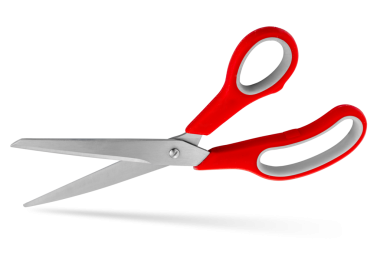 Kırmızı plastik saplı paslanmaz çelik makas beyaza izole edilmiş ve kırpma yolu da dahil.