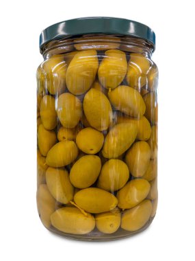 Pickled green olives in glass jar isolated on white with clipping path included clipart