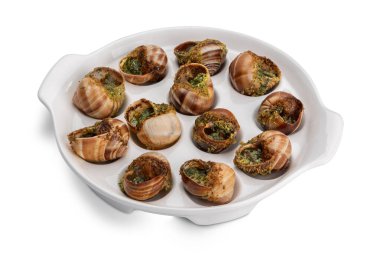 Salyangoz de Bourgogne - Fransız salyangoz tarifi otlu tereyağı beyaz tabakta izole edilmiş ve kırpma yolu da dahil