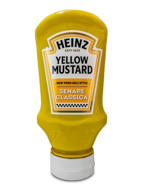 İtalya - 3 Şubat 2025: Heinz Sarı Hardal New York Deli Tarzı, Kraft Heinz klasik hardal sıkılabilir plastik şişe beyaz, kırpma yolu dahil