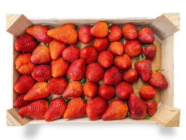 Tahta sandıkta sıralanmış olgun çilekler beyaza izole edilmiş ve kırpma yolu da dahil.