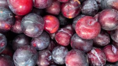 Manavın tezgahında olgun erikler sergileniyor, yukarıdan çekilen görüntüyü takip ediyorlar.