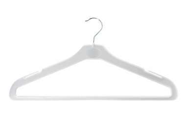 Boş plastik elbise askısı beyaz üzerine izole edilmiş ve kırpma yolu dahil