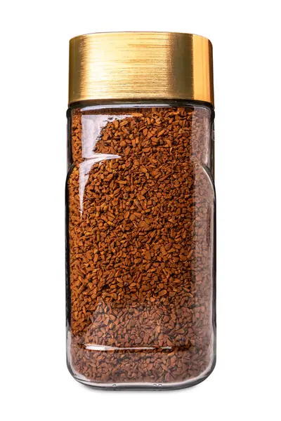 Kırpma yolu dahil olmak üzere beyaz üzerine izole edilmiş altın kapaklı cam kavanozdaki anlık kahve.