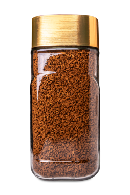 Altın kapaklı cam kavanozda anlık kahve.