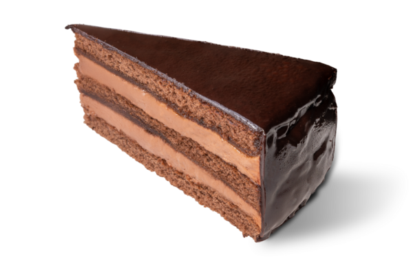 Sacher turte keki, bir dilim çikolatalı kek izole edilmiş.