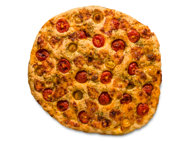 Kiraz domatesli ve kekikli Apulian Focaccia; tipik İtalyan yassı ekmeği