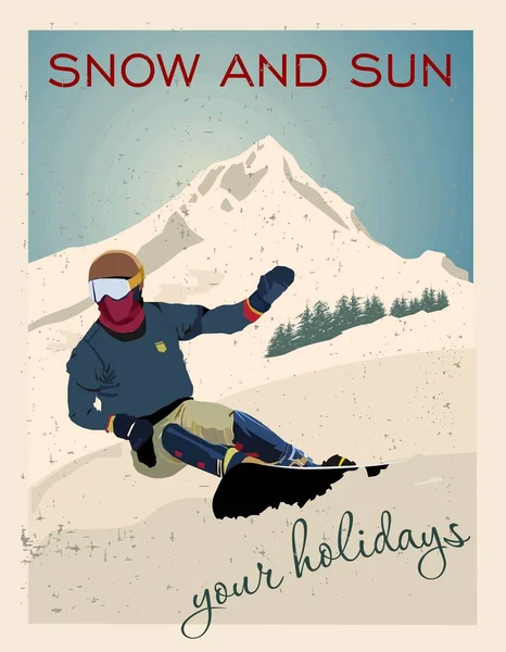 冬のポスター 経験豊富なスノーボーダーが下り坂の山から降ります 山からのスノーボードのスポーツ降下 ベクターイラスト — ストックベクタ