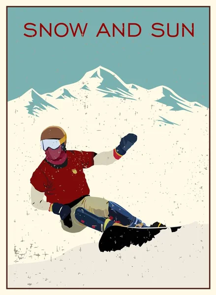 Cartaz Inverno Snowboarder Experiente Desce Uma Montanha Downhill Descida Esportes — Vetor de Stock