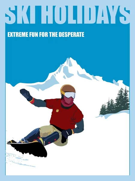 冬のポスター 経験豊富なスノーボーダーが下り坂の山から降ります 山からのスノーボードのスポーツ降下 ベクターイラスト — ストックベクタ