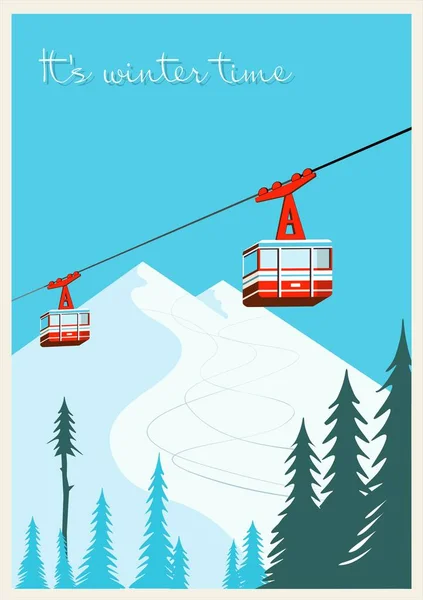ヴィンテージ冬漫画背景 ポスター 雪の山移動赤スキー リフト ゴンドラ — ストックベクタ