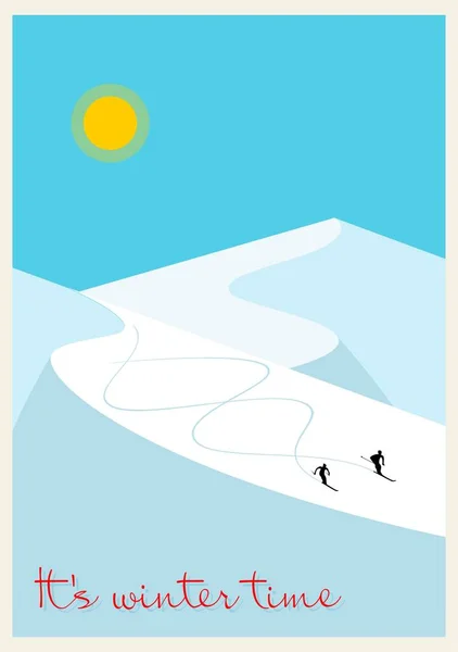 2人のスキーヤーとのミニマルな冬の山の風景 スキー場のコンセプトポスター ウェブサイト ポスターやバナーのために — ストックベクタ