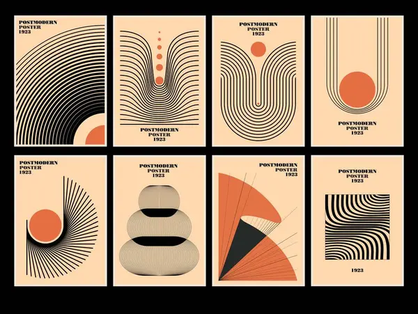 一套20年代的简约几何海报 灵感来自后现代的矢量抽象动态符号 具有大胆的几何形状 可用于网络背景 海报艺术设计 高科技印刷品 封面艺术品 图库插图
