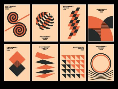 20 'li yılların minimalist geometrik posterleri, cesur geometrik şekilli vektör soyut dinamik sembolleri, web arkaplanı için kullanışlı, poster sanat tasarımı, yüksek teknoloji baskısı, kapak sanat eserleri.