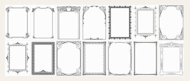 Dekoratif vintage çerçevelerin büyük set şablonu, kenarları dikdörtgen şeklinde. Eski arkaplanlar.