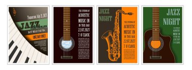 Caz ve canlı müzik etkinlikleri için 4 retro poster koleksiyonu. Gitarlı, saksafonlu ve piyanolu geçmişe dönük çizimler. Broşürler, albüm kapakları, promosyon ve baskı tasarımı için mükemmel