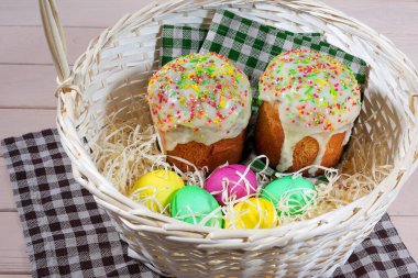 Parlak serpiştirilmiş iki kulich, boyalı yumurtalar ve ekose kumaşın arka planında Paskalya sepeti. Aile kutlamalarının sıcaklığı ve bahar havası..