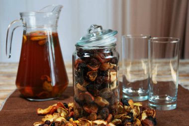  Bir kavanoz kurutulmuş meyve ve bir sürahi ev yapımı komposto boş bardakların yanında duruyor. Görüntü, servis için kurutulmuş meyve içeceği hazırlama sürecini yakalıyor..